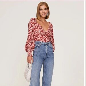 Slate & Willow Pink Zebra Top Blouse L puff ballon sleeves smocked v neck